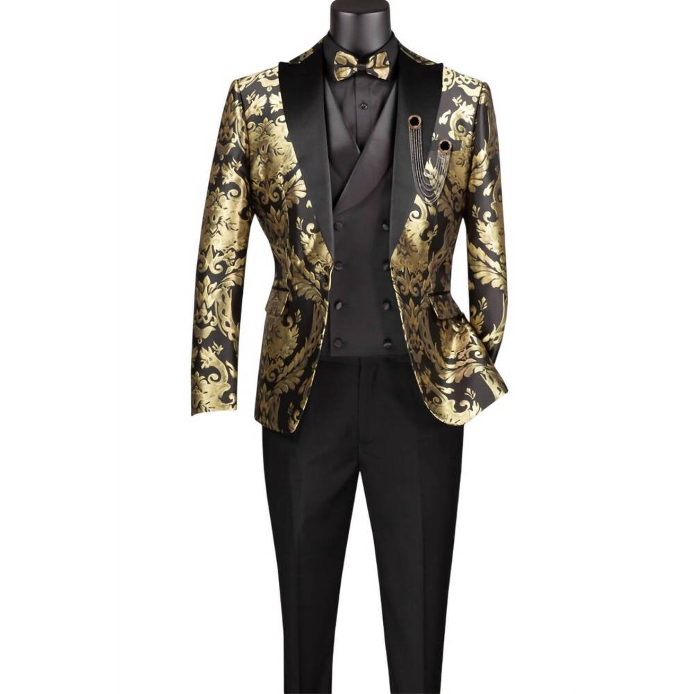 NEW VINCI PHILOSOPHY men's fit 3 piece suit with bow tie in black